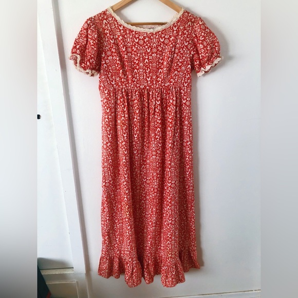 Vintage Rare 60s Unicorn Floral Folk Print Prairie Dress / Ruffles Puff Sleeves - Picture 7 of 15